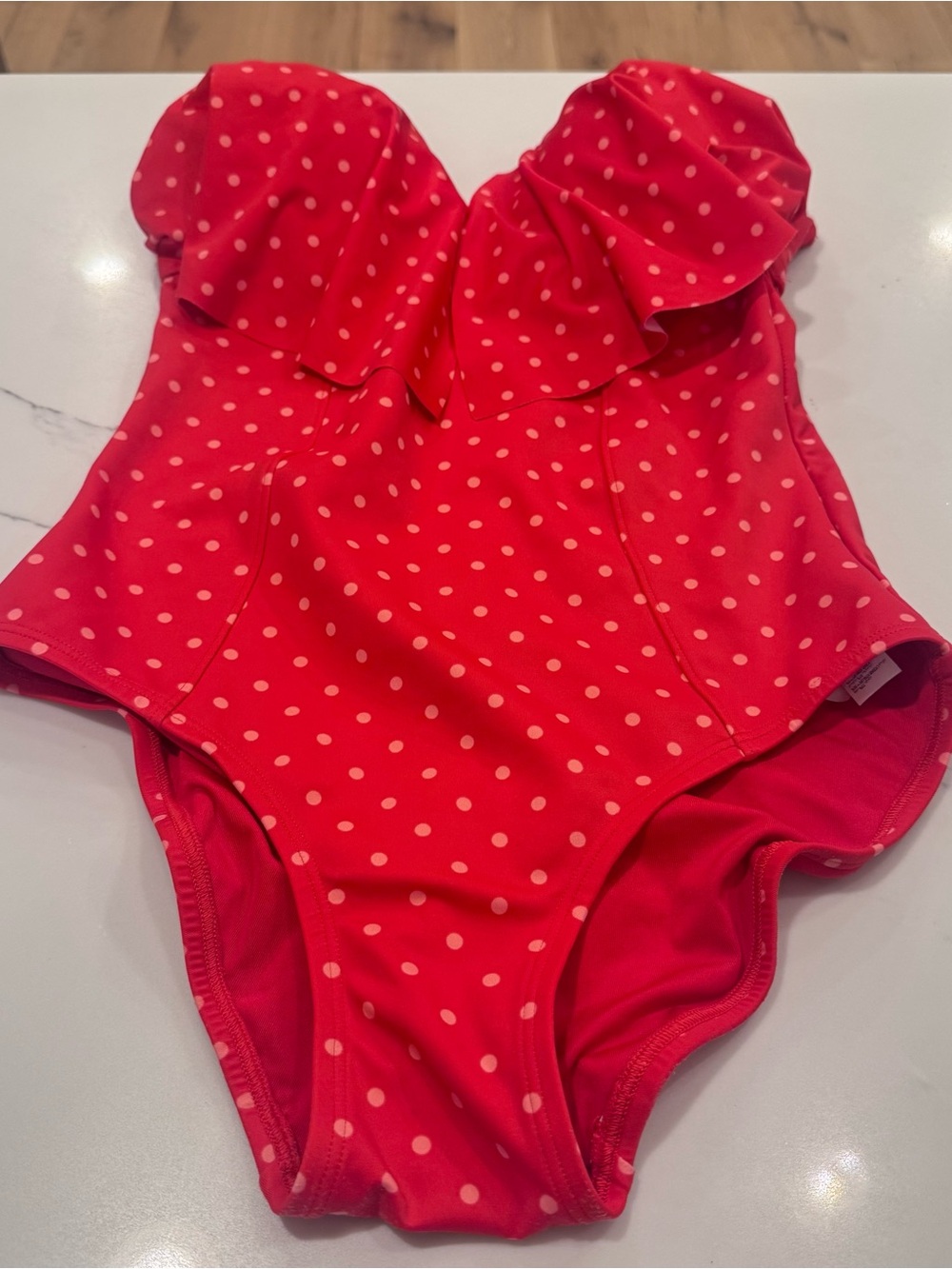 SPANX Size 8 Red Polka Dot Strapless One-Piece Swimsuit Ruffle ❤️